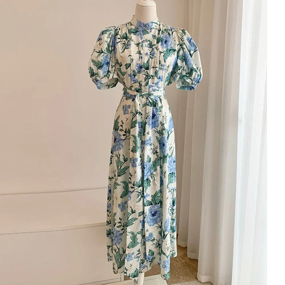 Blue Floral Puff Sleeve Lace Up Summer Dress