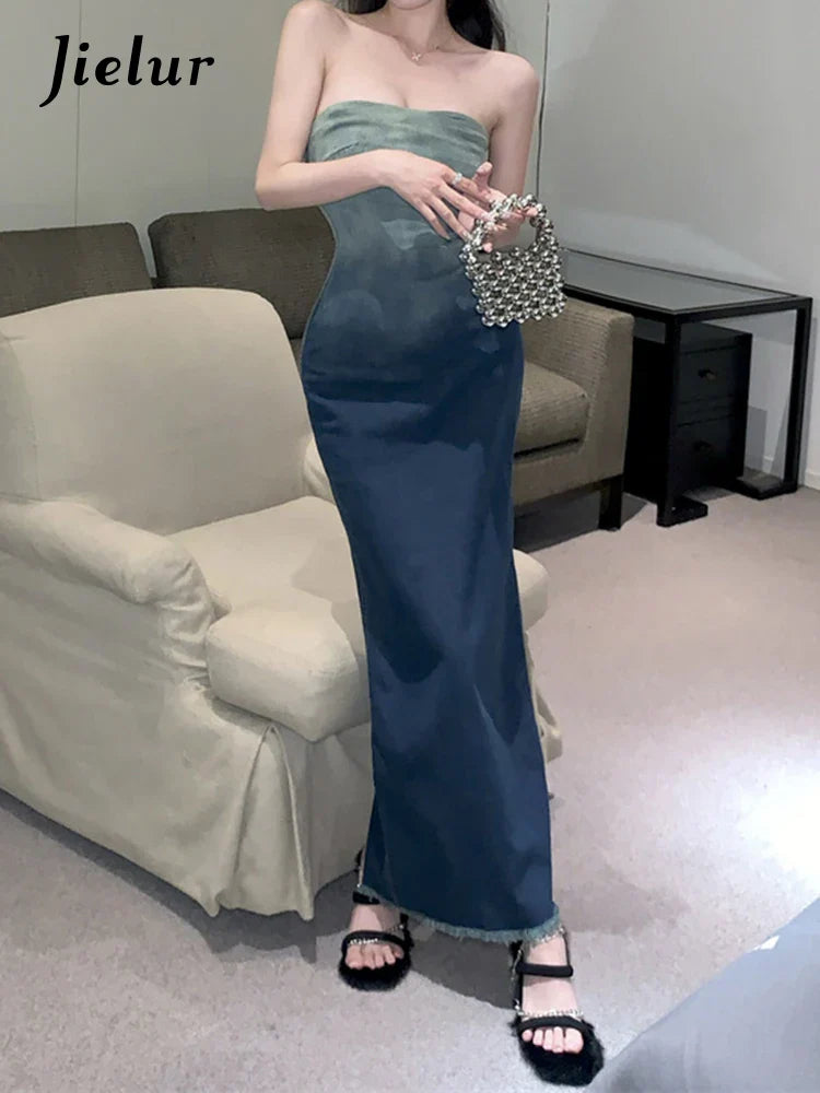 Elegant Strapless Denim Dress for Office and Casual Wear
