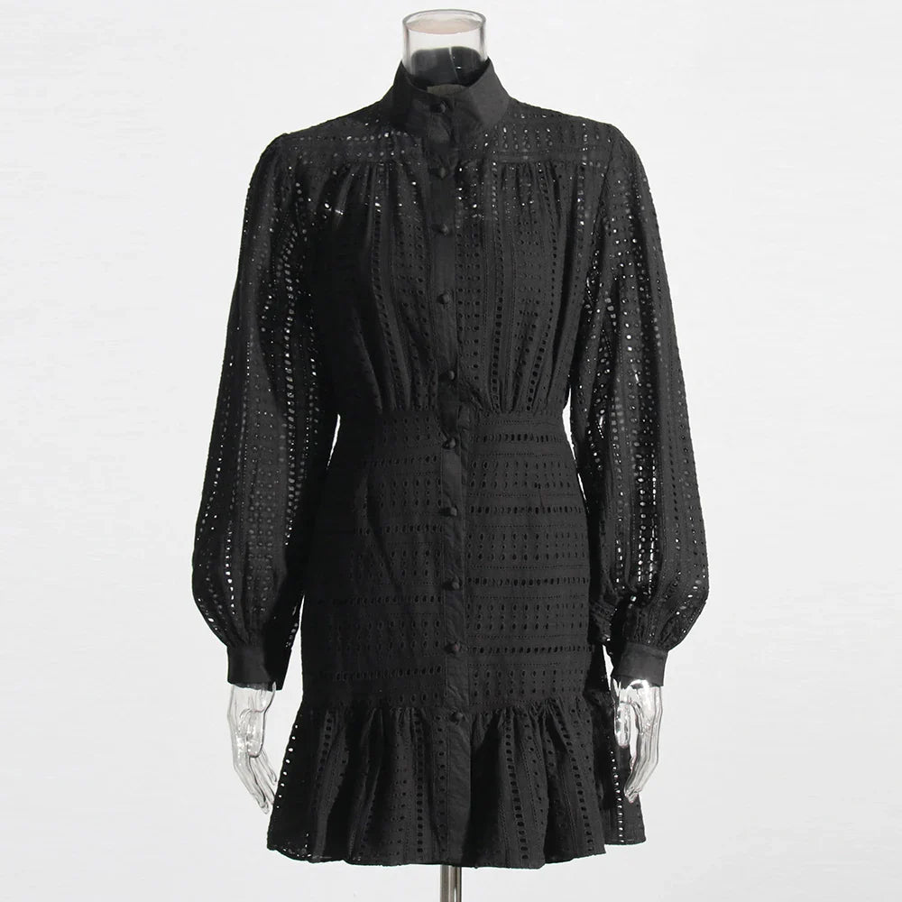 Elegant Mini Dress with Stand Collar and Lantern Sleeves