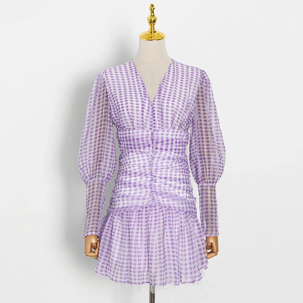 Colorblock Plaid Casual Mini Dress with V Neck