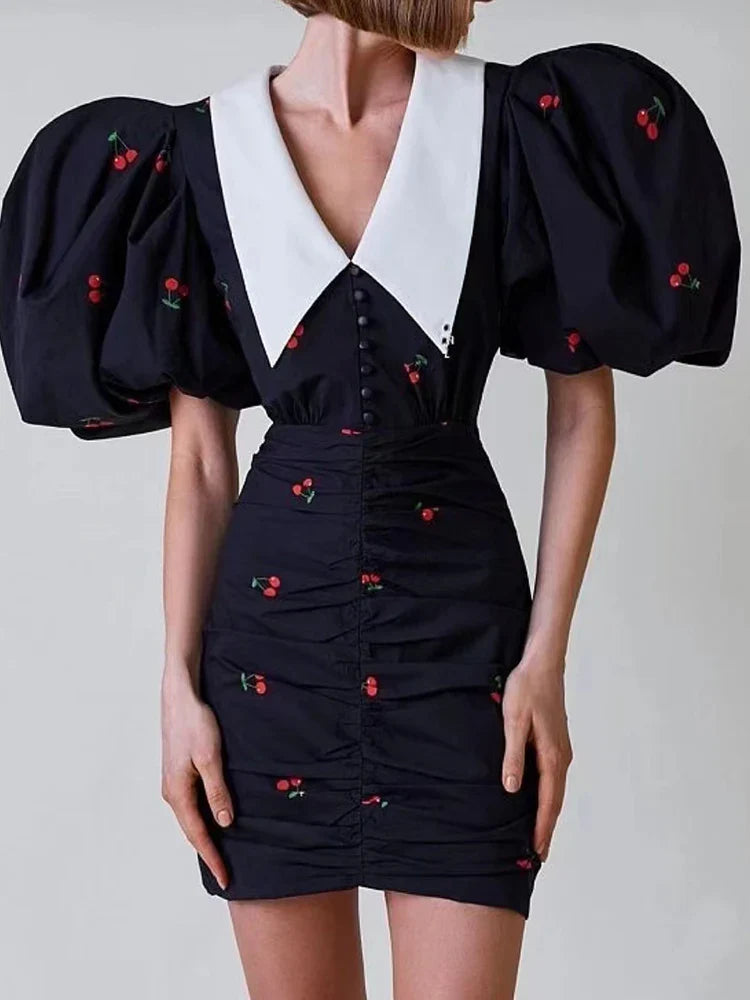 Elegant V-Neck Puff Sleeve Floral Bodycon Mini Dress