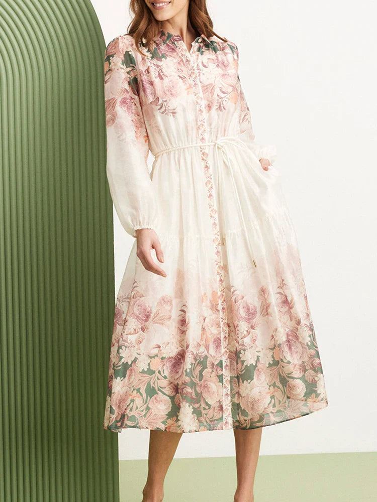 Alternative view of Elegant Floral Long Dress with Lantern Sleeves and Lace-Up Detail