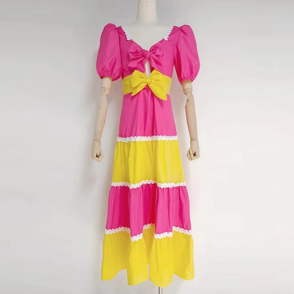Colorblock Cut Out Dress with Puff Sleeves for Women