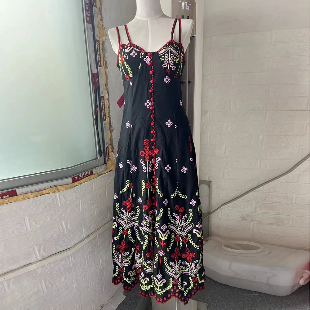 V-Neck Backless Hollow Out Embroidery Long Dress