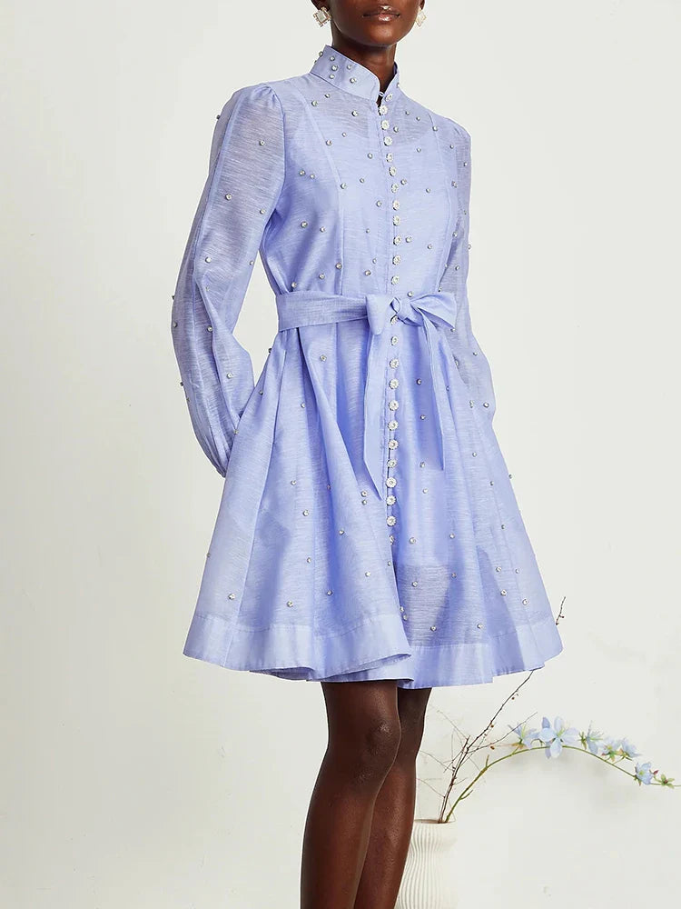 Elegant Chic Lace-Up Dress with Stand Collar for Women