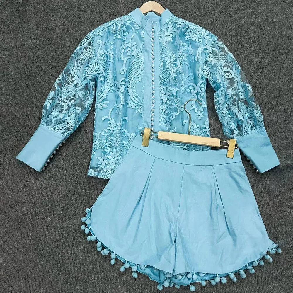 Elegant Two-Piece Women's Casual Set with Pearl Embroidery