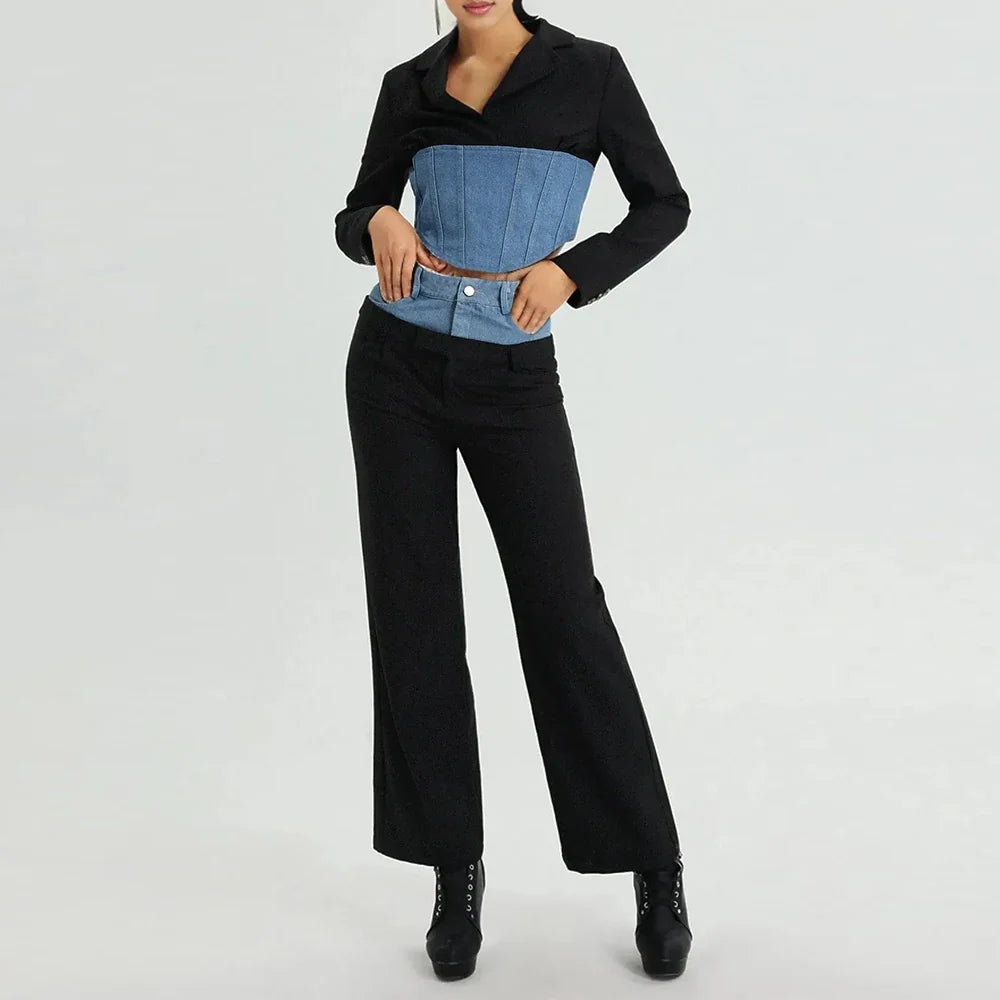Stylish Women’s Patchwork Denim Blazer & Wide Leg Pants Set