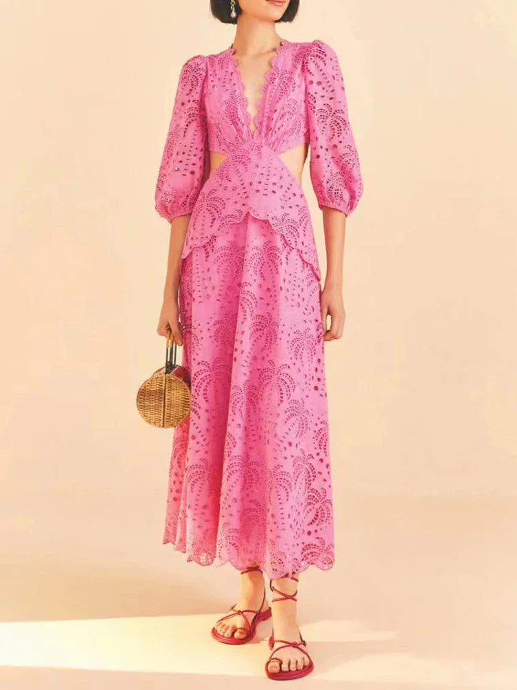 Elegant Vintage V Neck Puff Sleeve Dress for Women
