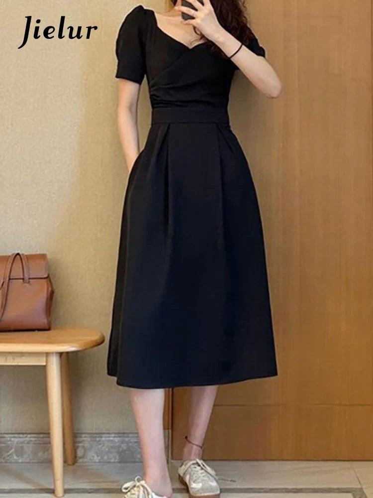 Elegant Black V-Neck Puff Sleeve Dress for Summer