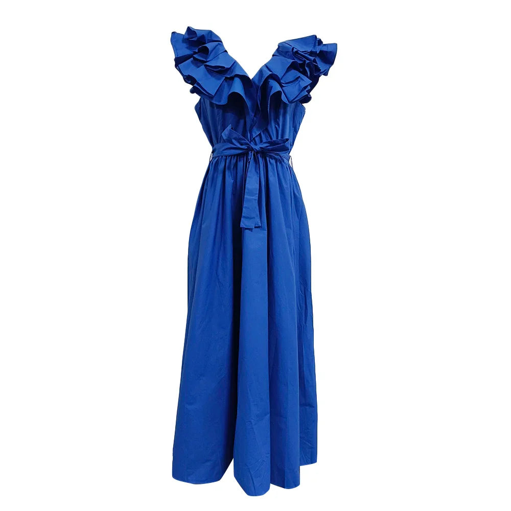 Elegant V-Neck Ruffled High Waist Dress for Women