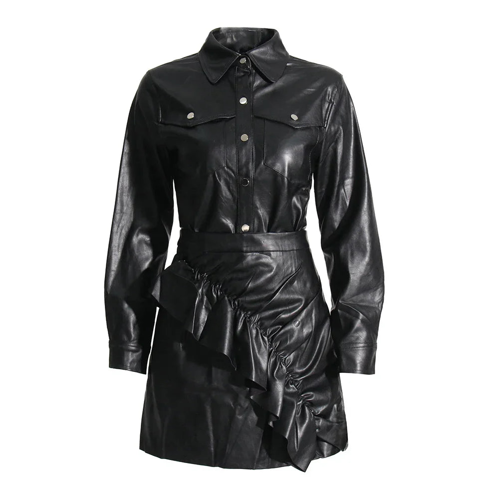 Stylish Women's Solid Leather Jacket & Ruffled Skirt Set