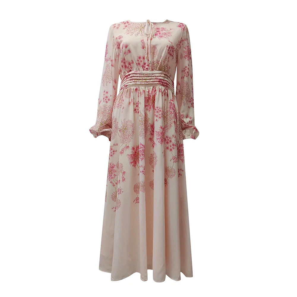 Elegant Floral Lace-Up Dress with Lantern Sleeves