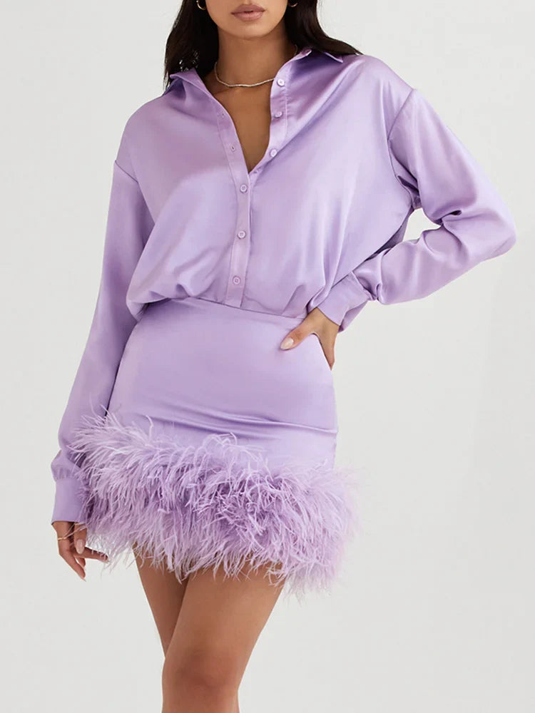 Elegant Patchwork Feather Mini Dress with Long Sleeves