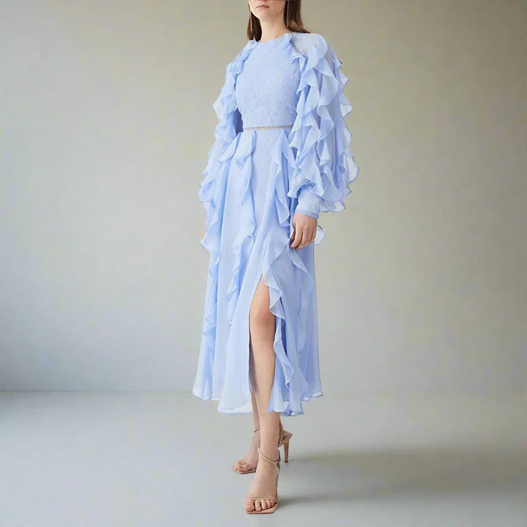 Chic Long Sleeve Ruffled Solid Dress with Side Split