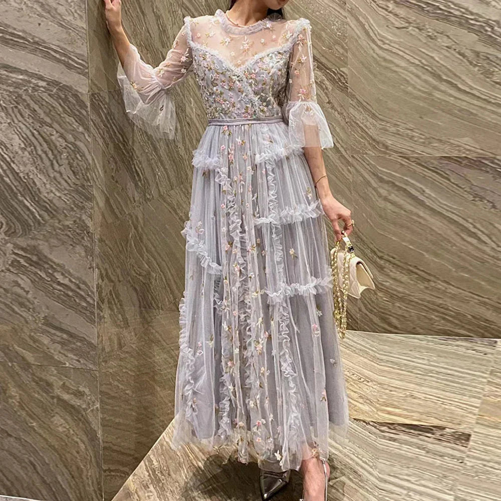Floral Embroidery Sheer Mesh Dress for Women