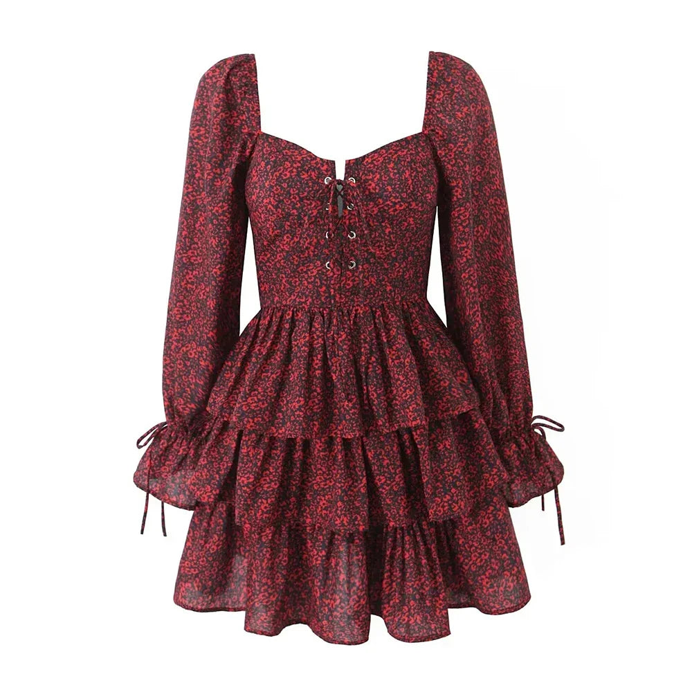 Vintage Patchwork Lace-Up Dress with Square Collar & Long Sleeves