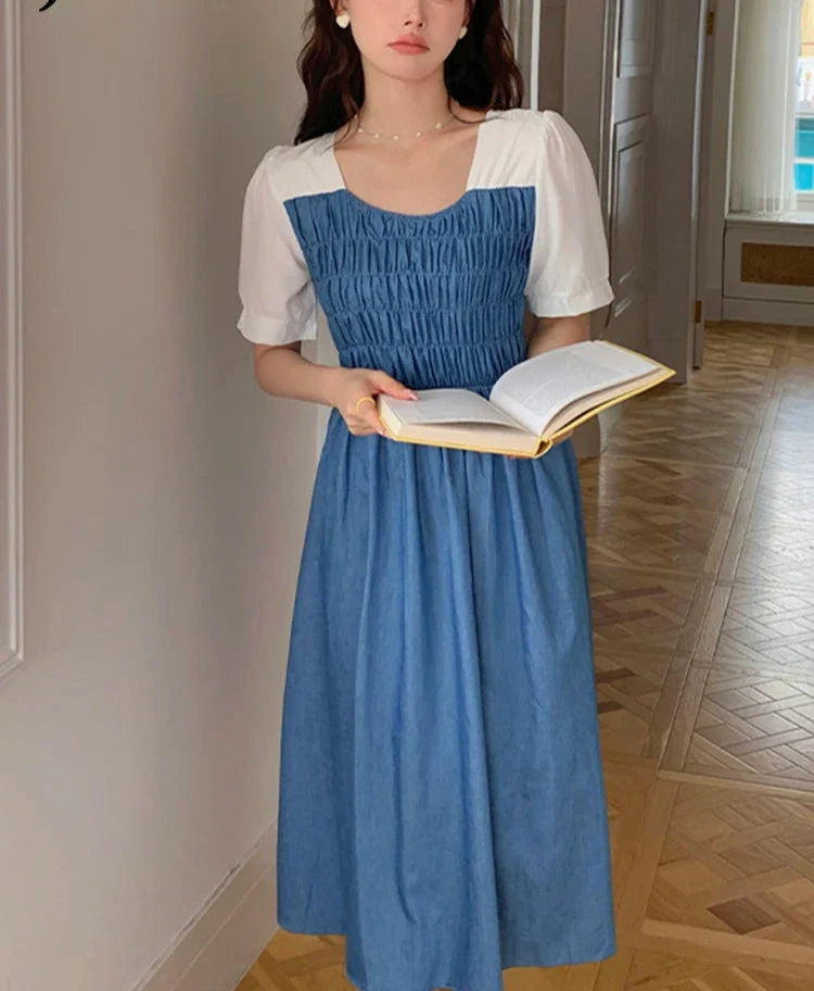 Elegant Blue Pleated High Waist Summer Dress