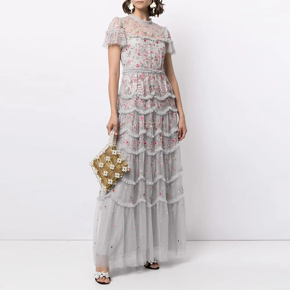 Elegant Floral Embroidery High Waist Mesh Dress for Women