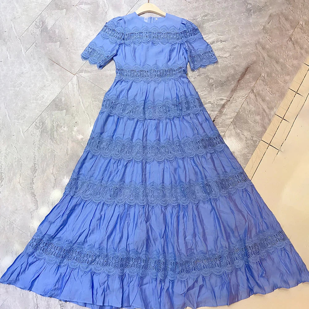 Elegant Embroidered Lace Dress with Short Sleeves