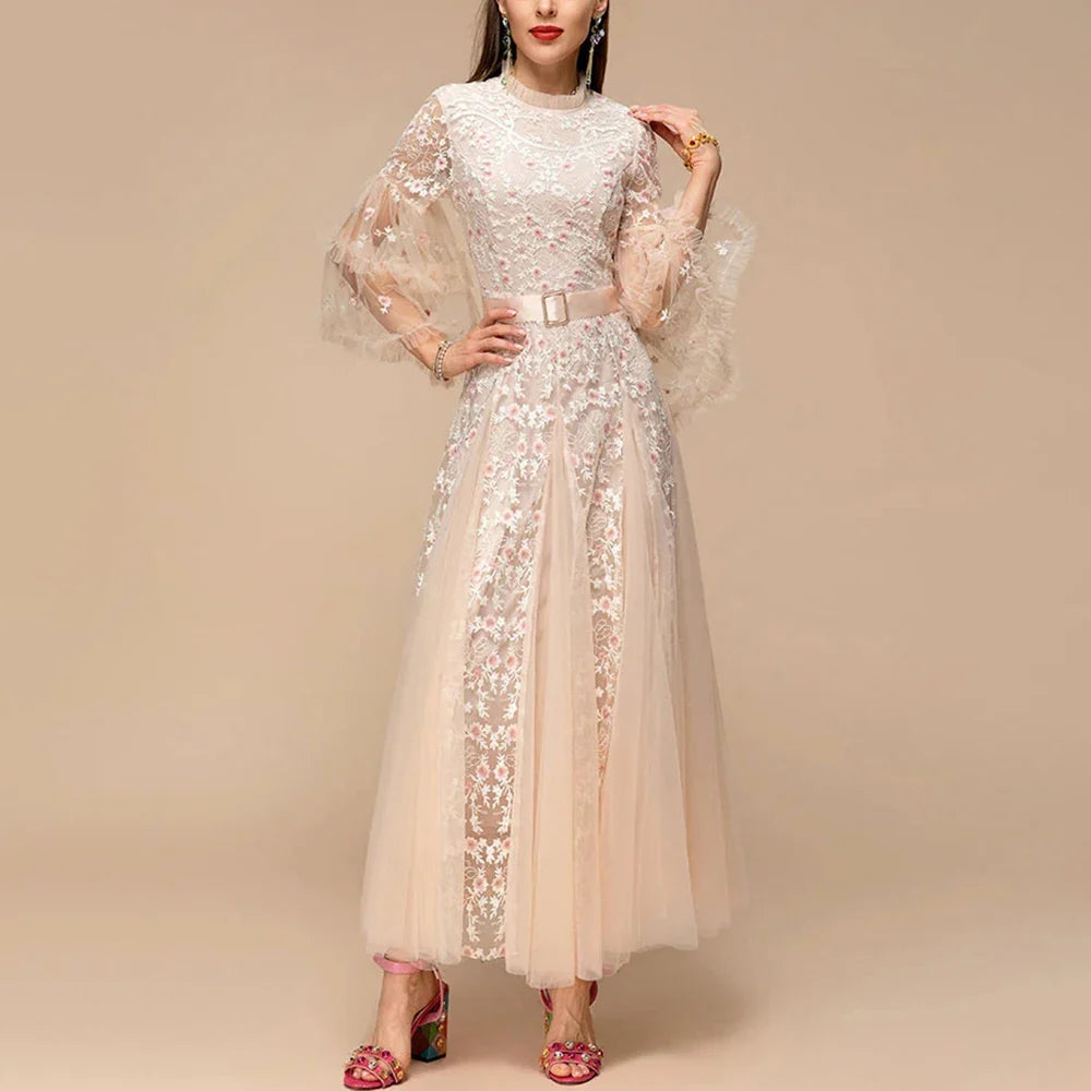Elegant High Waist Patchwork Embroidery Dress for Women