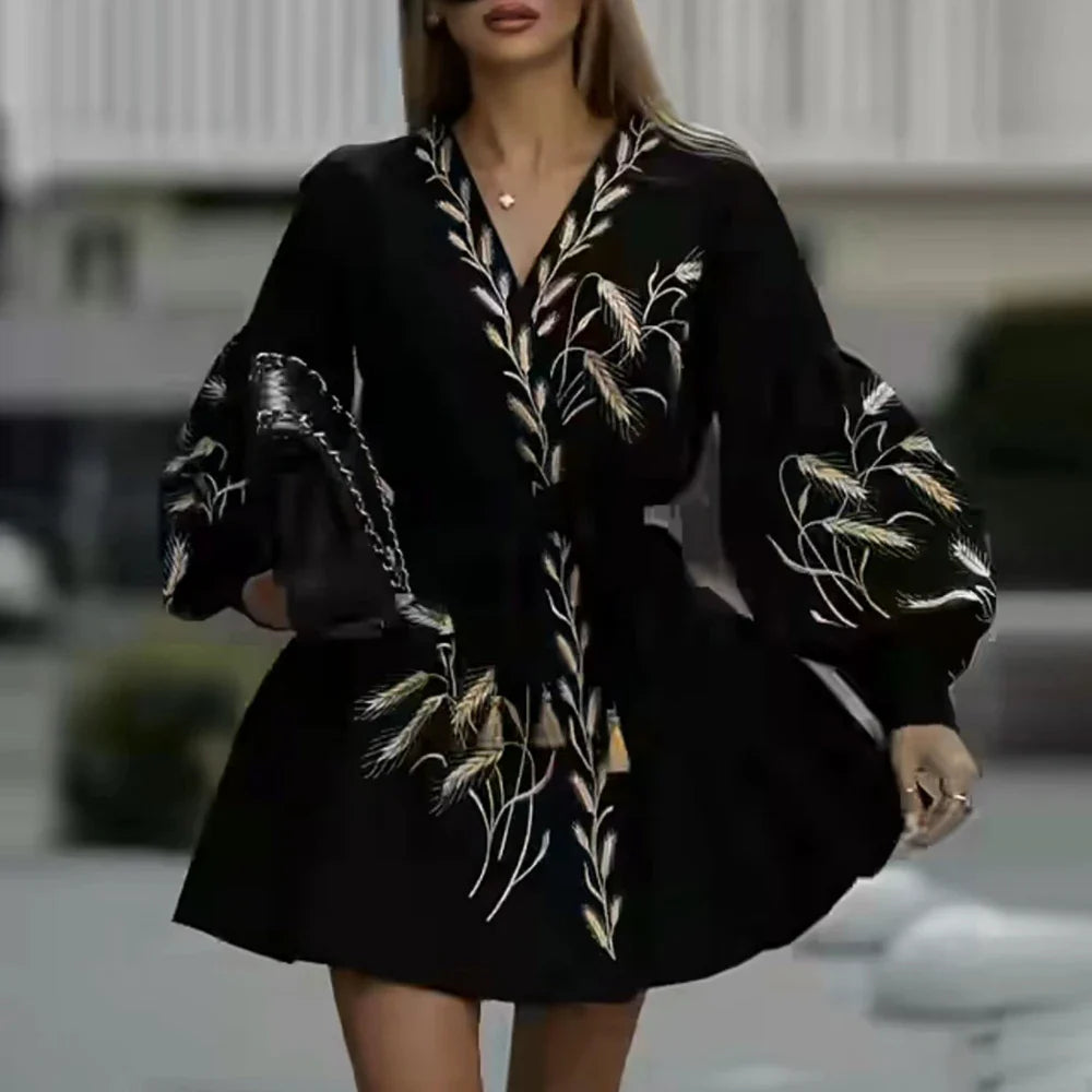 Elegant V-Neck Lantern Sleeve Mini Dress for Women