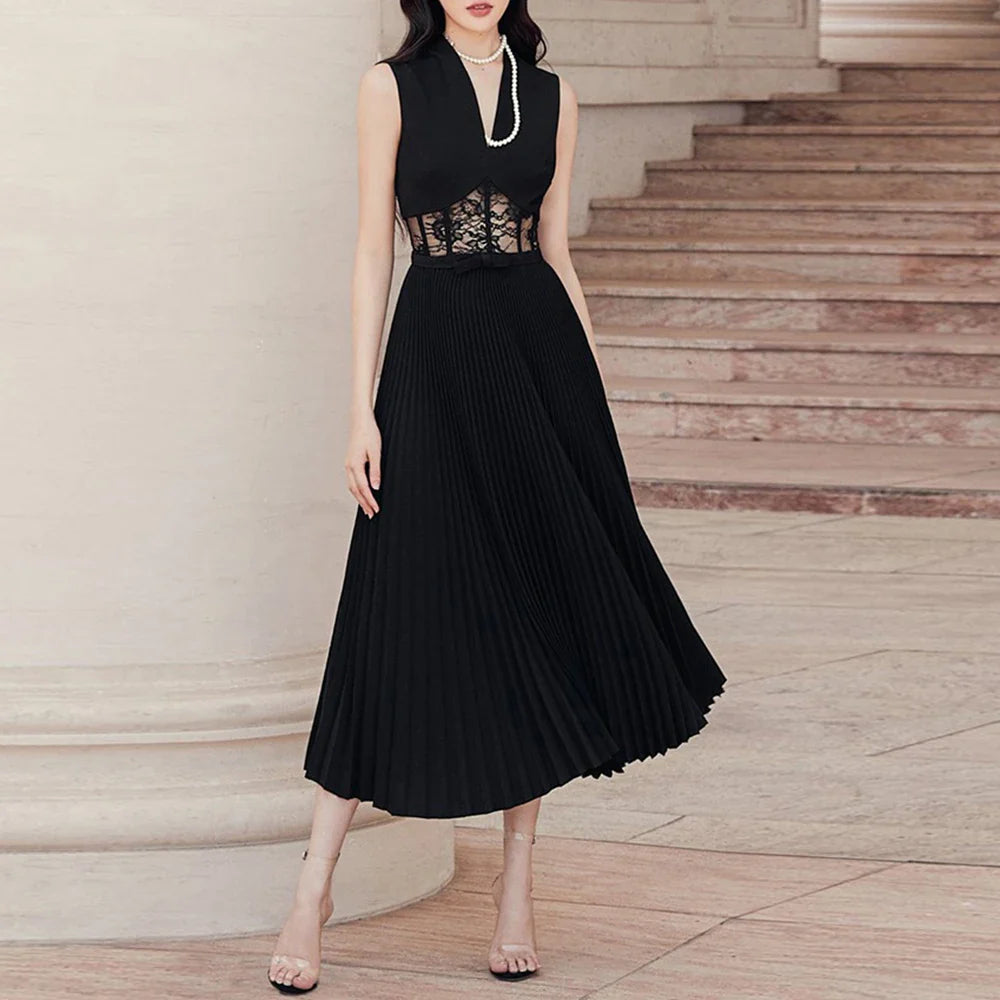 Elegant Slim V Neck Sleeveless Pleated A-Line Dress
