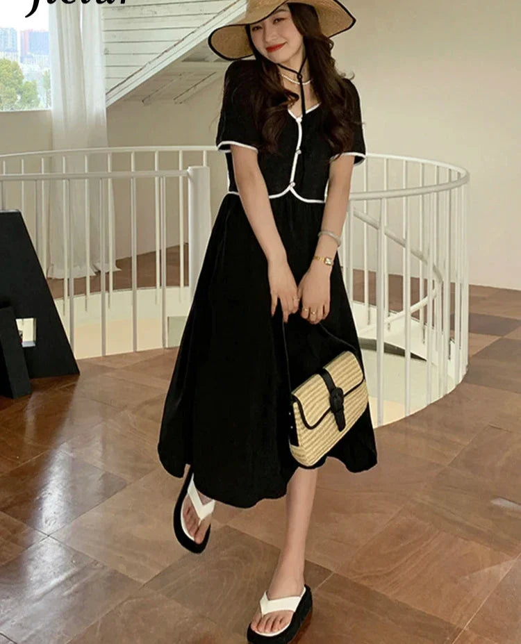 Elegant French High-Waist Ruffled Chiffon Maxi Dress