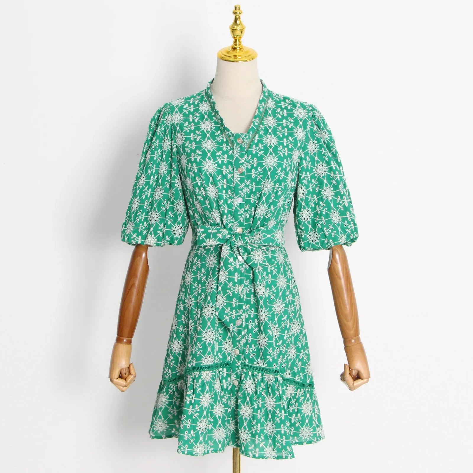 Vintage V-Neck Lantern Sleeve Colorblock Mini Dress