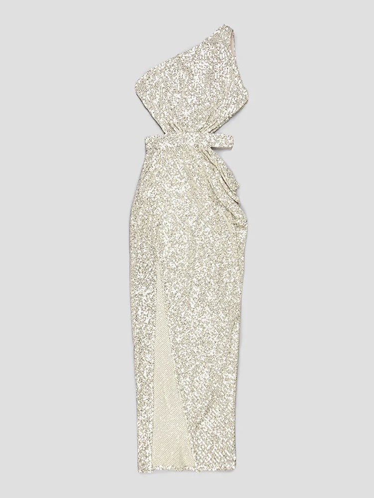 Elegant Backless Sequin Dress with Diagonal Collar