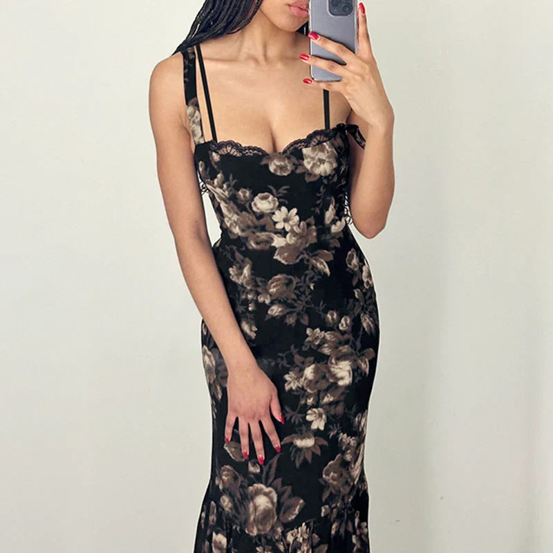 Elegant Vintage Lace Trim Floral Summer Dress for Women