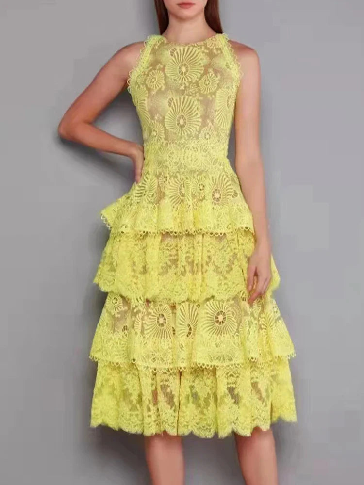 Vintage Lace Patchwork Ruffle Dress for Women