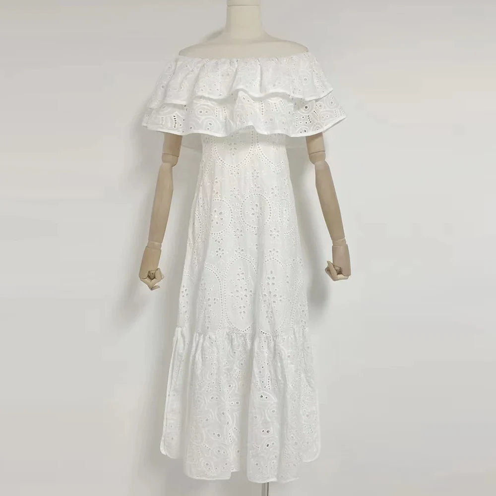 Hollow Out Summer Dress with Slash Neck and Embroidery
