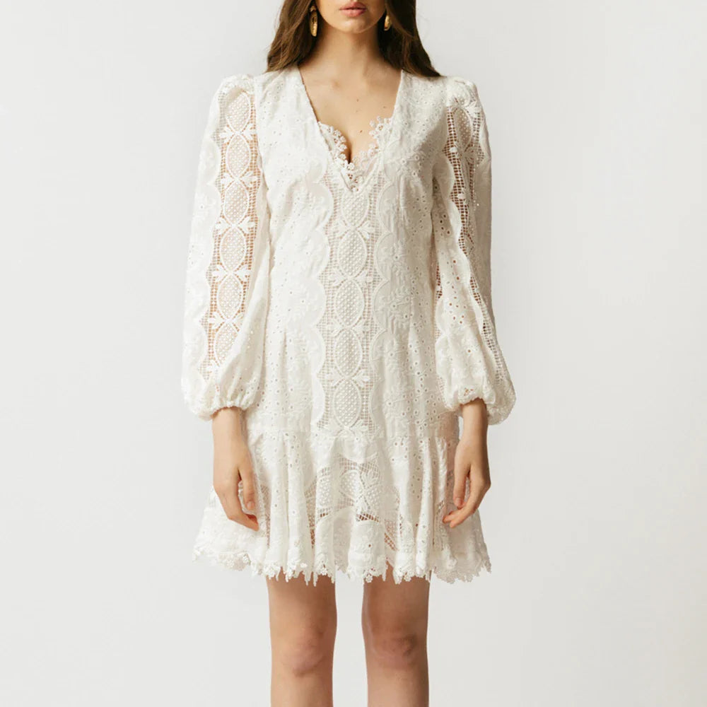 Elegant Lace Mini Dress with V Neck and Lantern Sleeves