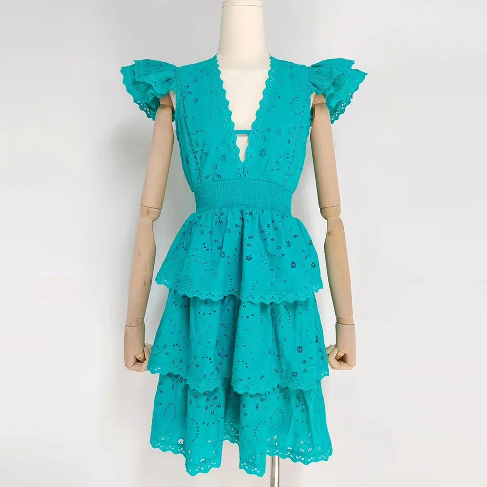 Chic V-Neck Mini Dress with Ruffled Sleeves for Summer
