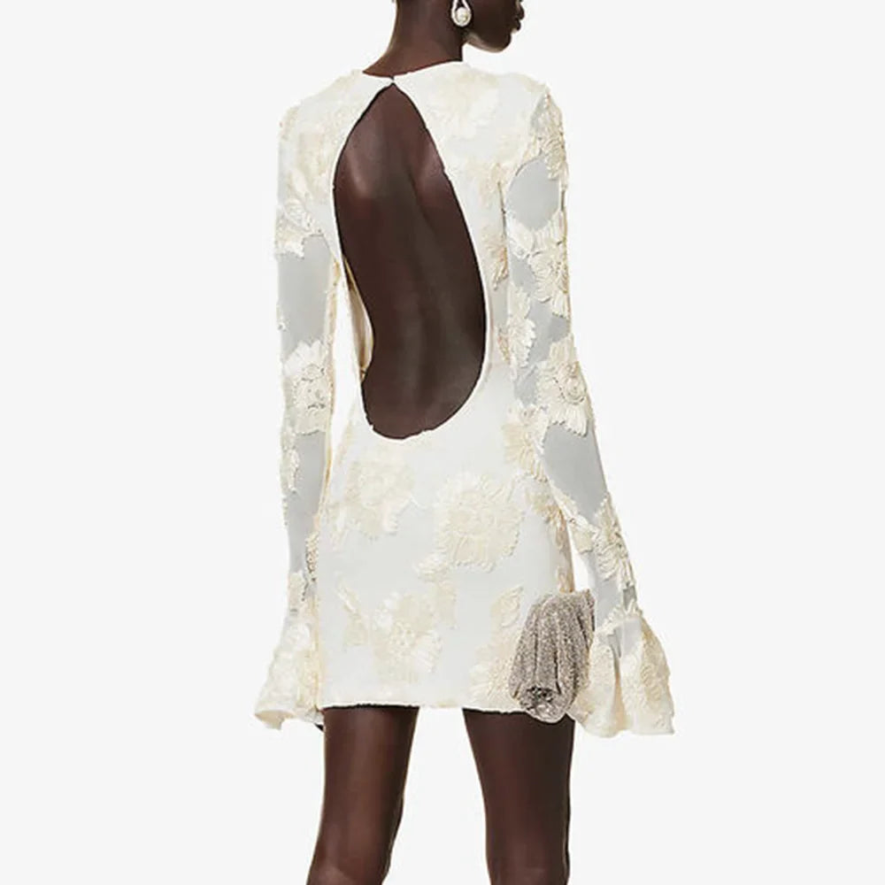 Chic Backless Mini Dress with Flare Sleeves and High Waist