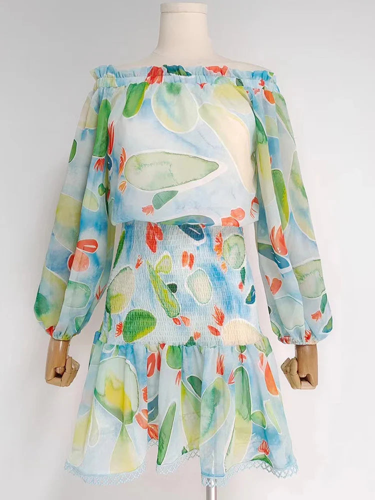 Vintage Patchwork Mini Dress with Slash Neck and Long Sleeves
