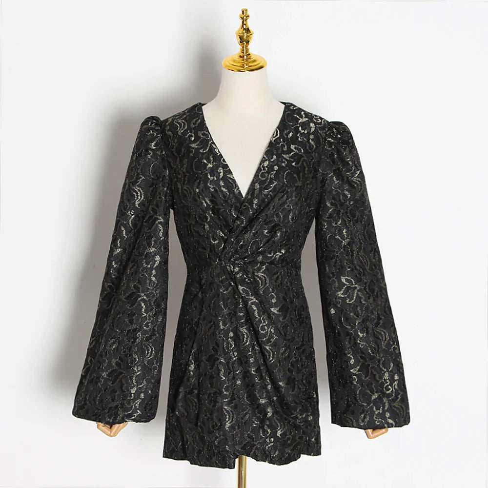 Chic V-Neck Lantern Sleeve High Waist Mini Dress