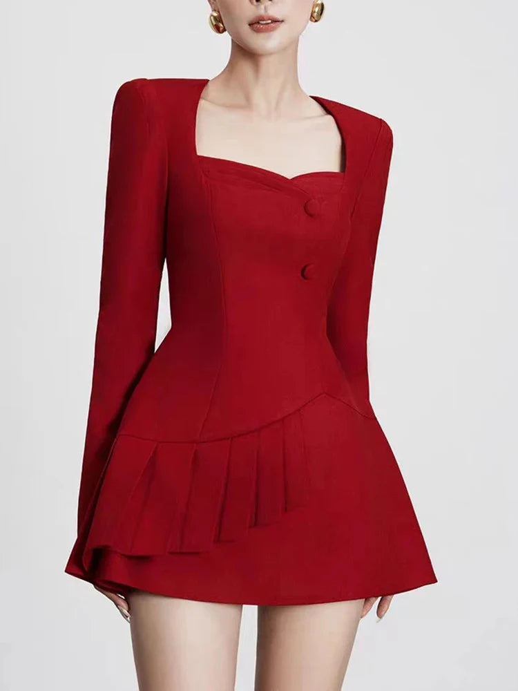 Elegant Square Collar High Waist Button Short Dress