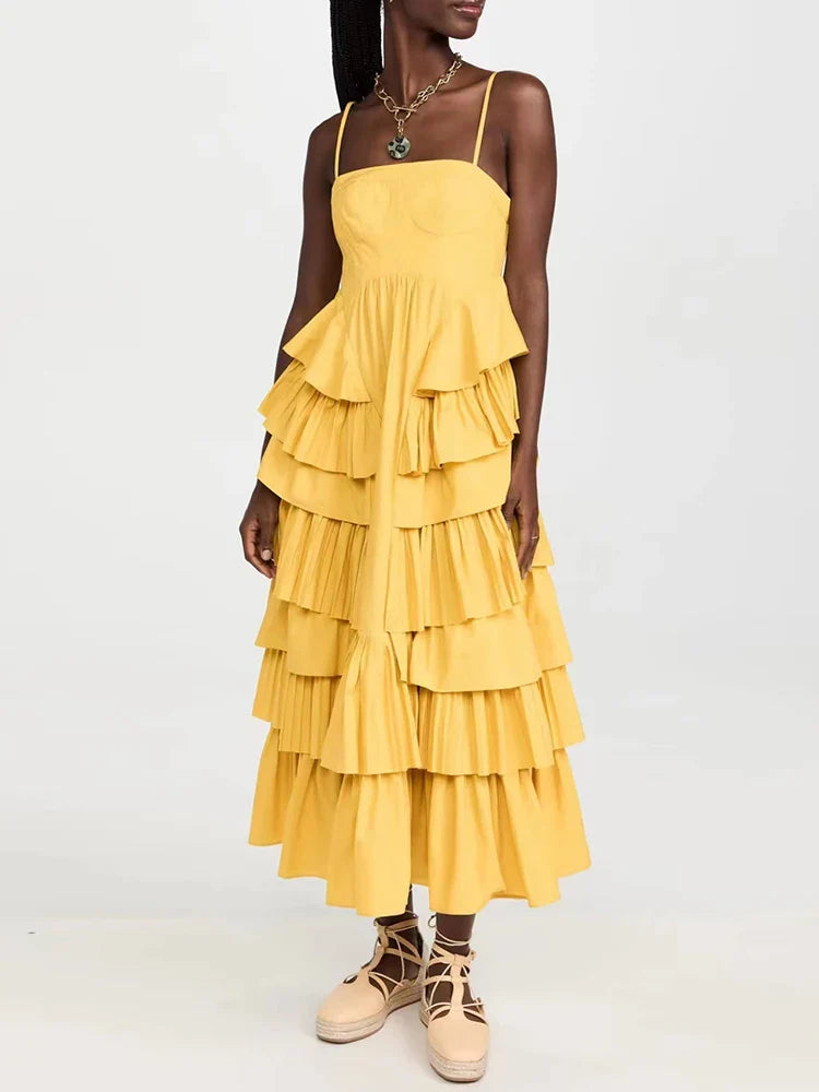 Elegant Tiered Ruffles A-Line Dress with Square Neck