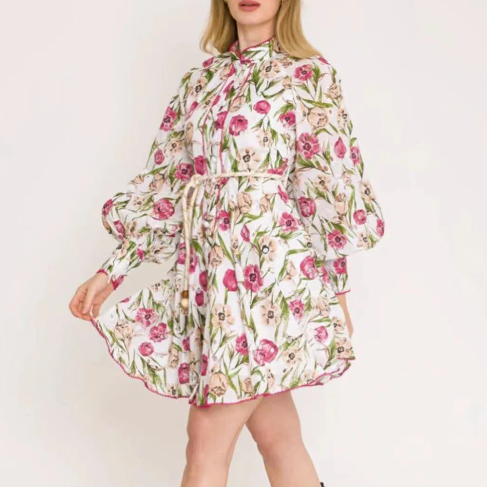 Floral Mini Dress with Lantern Sleeves and High Waist