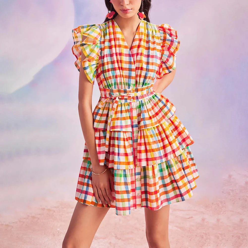 V Neck Tiered Lace Up Mini Dress for Women