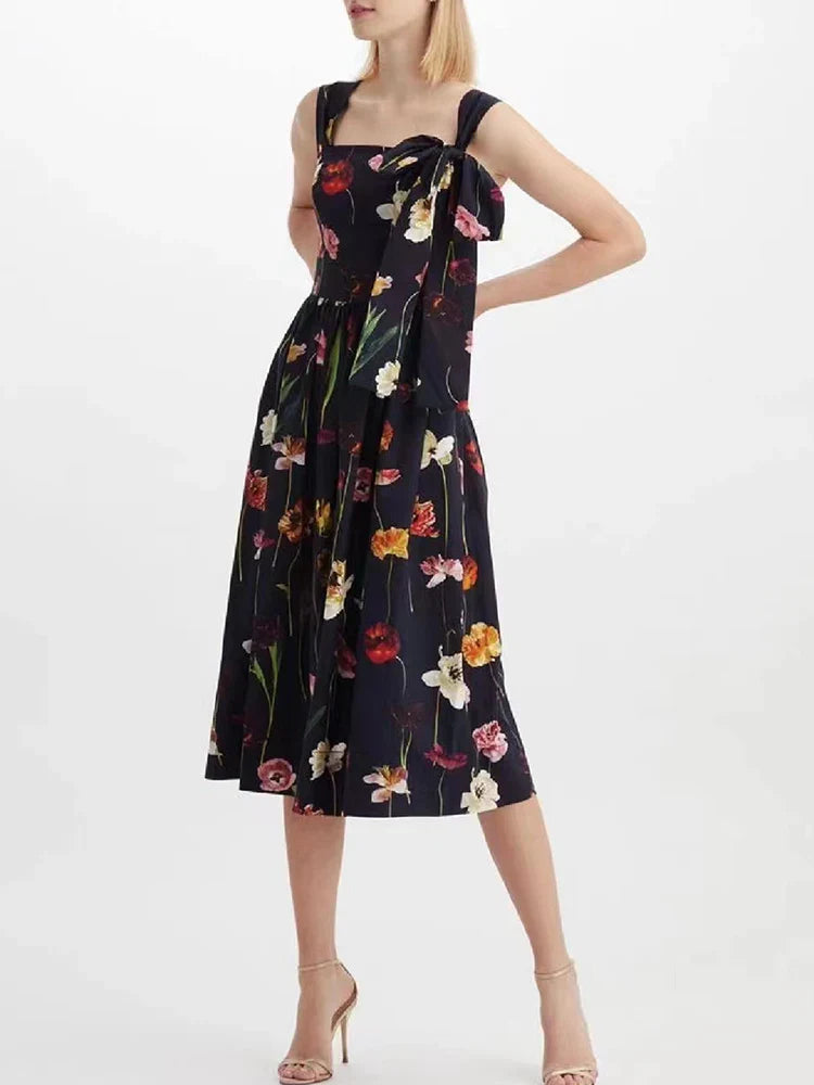 Elegant Square Collar Midi Dress for Women