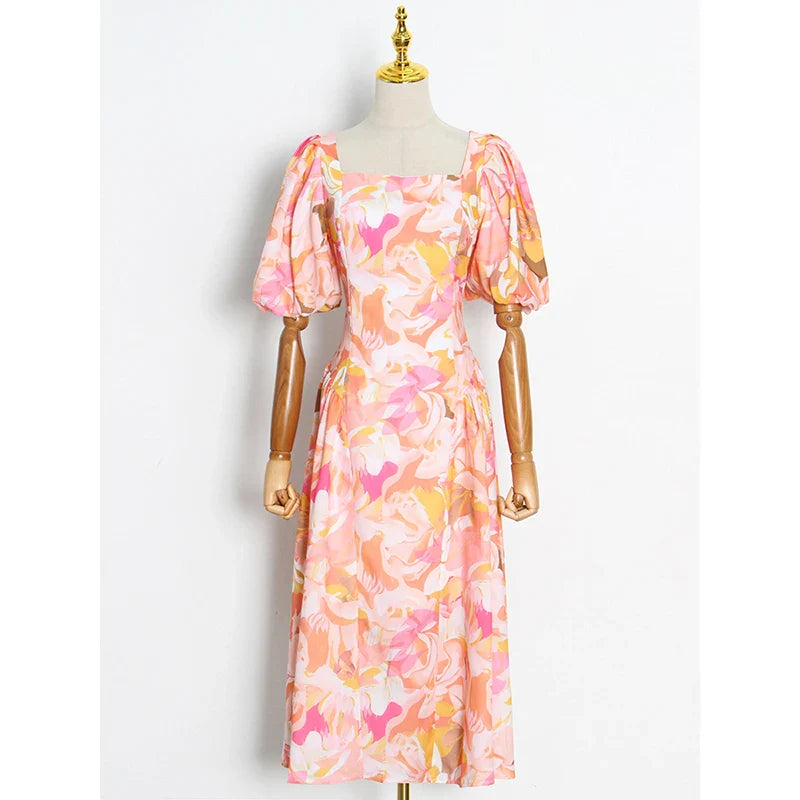 Vintage Floral Midi Dress with Square Collar & Puff Sleeves