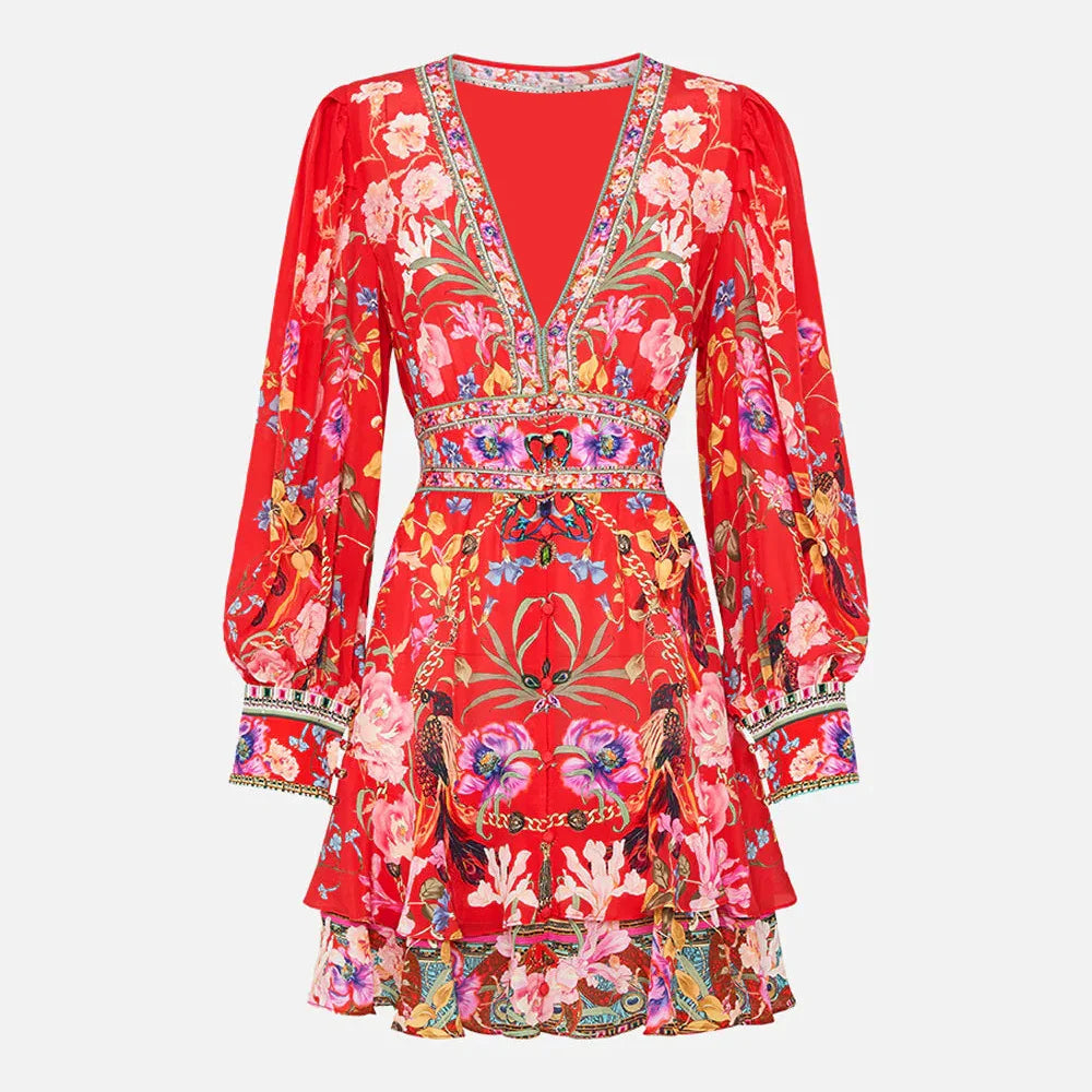 Colorblock V-Neck Mini Dress with Ruffles for Women