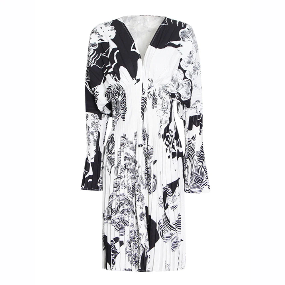 Elegant V Neck Flare Sleeve High Waist Dress