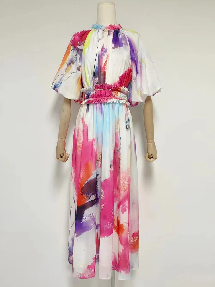 Vibrant Tie Dye A-Line Dress with Ruffled Sleeves