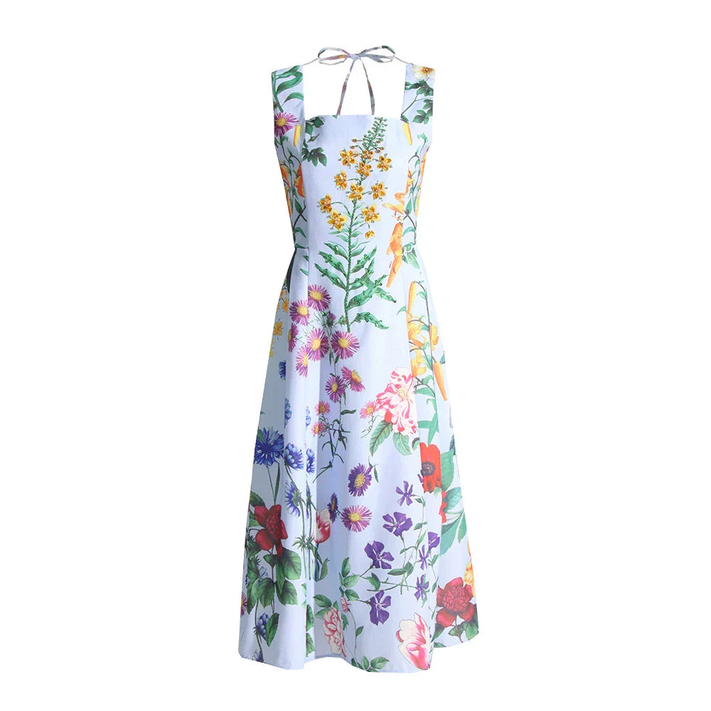 Vintage Floral Print Square Neck Sleeveless Dress for Women