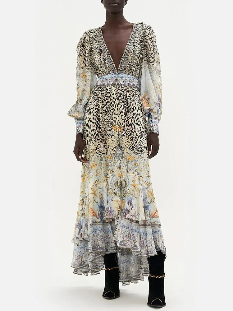 Vintage Leopard Print Deep V Neck Ruffle Hem Dress