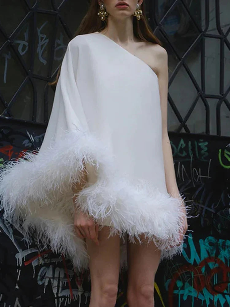 Off One Shoulder Mini Dress with Feather Detail