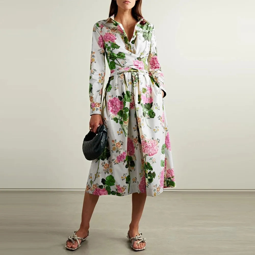 Elegant Colorblock Print Dress with Lace-Up Detail